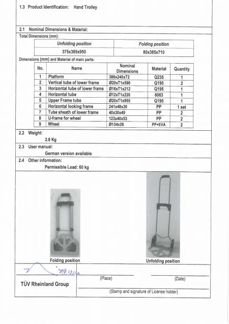 Hand Truck Capacity 60 KG GS Test Report